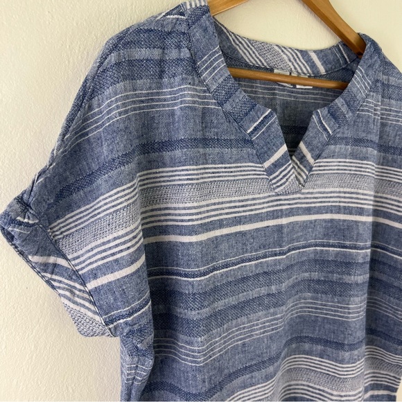 Artisan NY Linen/Cotton Blend Navy Striped Boho Short Sleeve Top - Picture 2 of 9